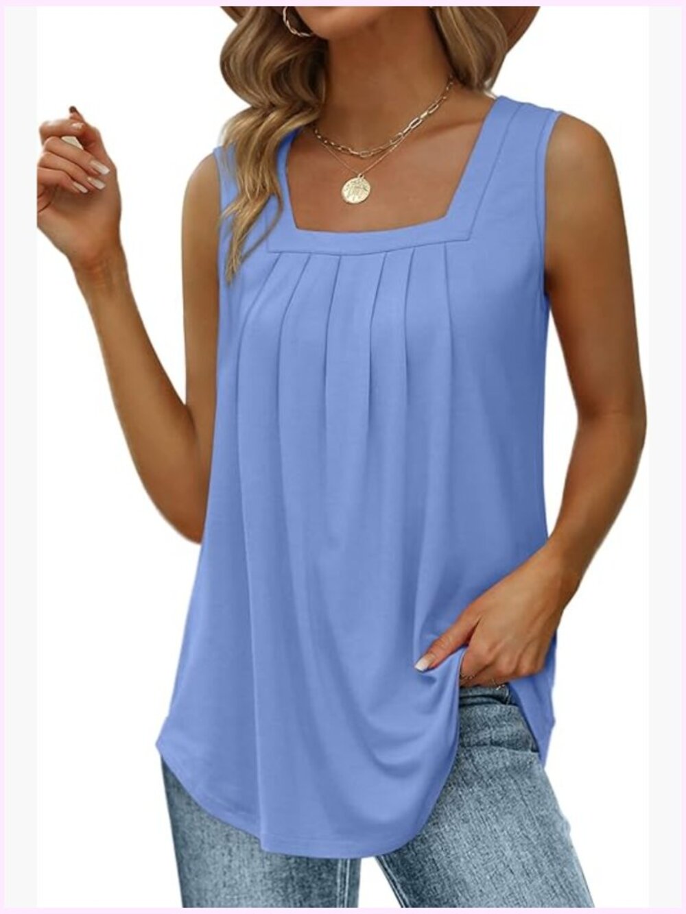 Women Loose Fit Pleated Square Neck Sleeveless Tank Tops Curved Hem Flowy